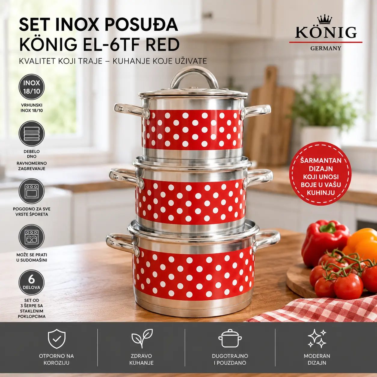 Set inox posuđa Konig EL-6TF RED