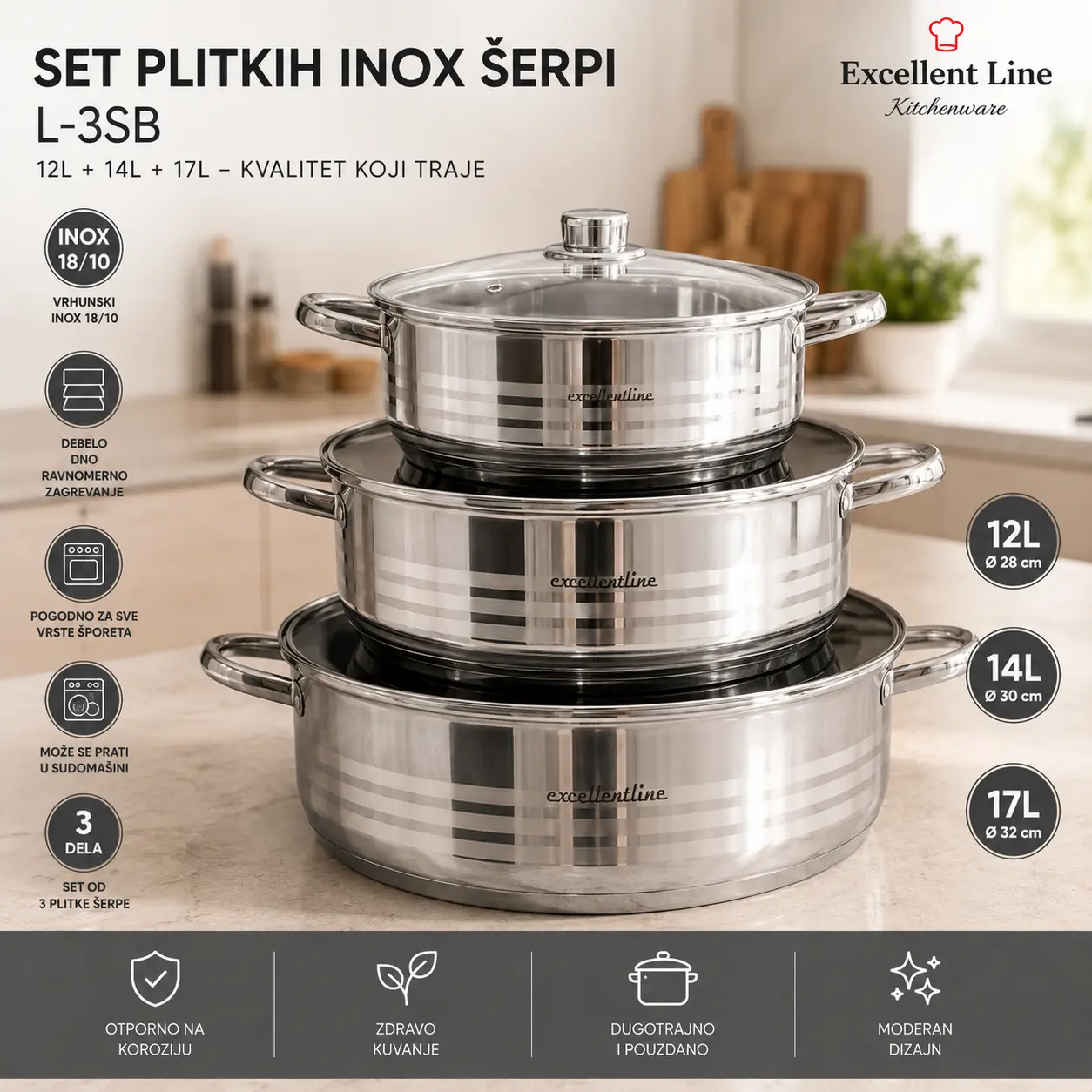 Set plitkih inox šerpi 12 lit 14 lit 17 lit L-3SB